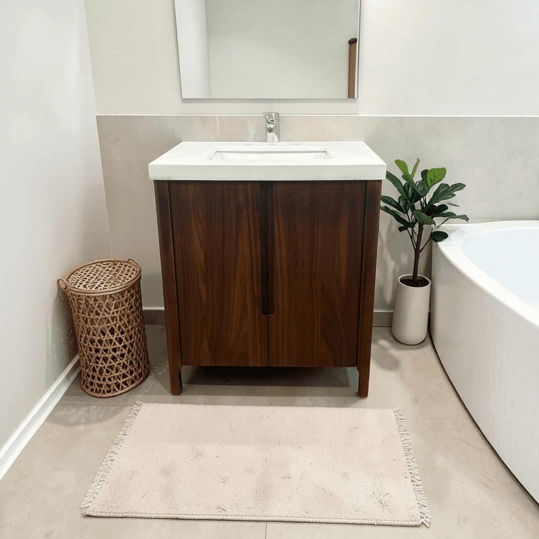 Water Creation Sequoia Single Sink Whitebrook Quartz Countertop Bath Vanity in Mango Wood
