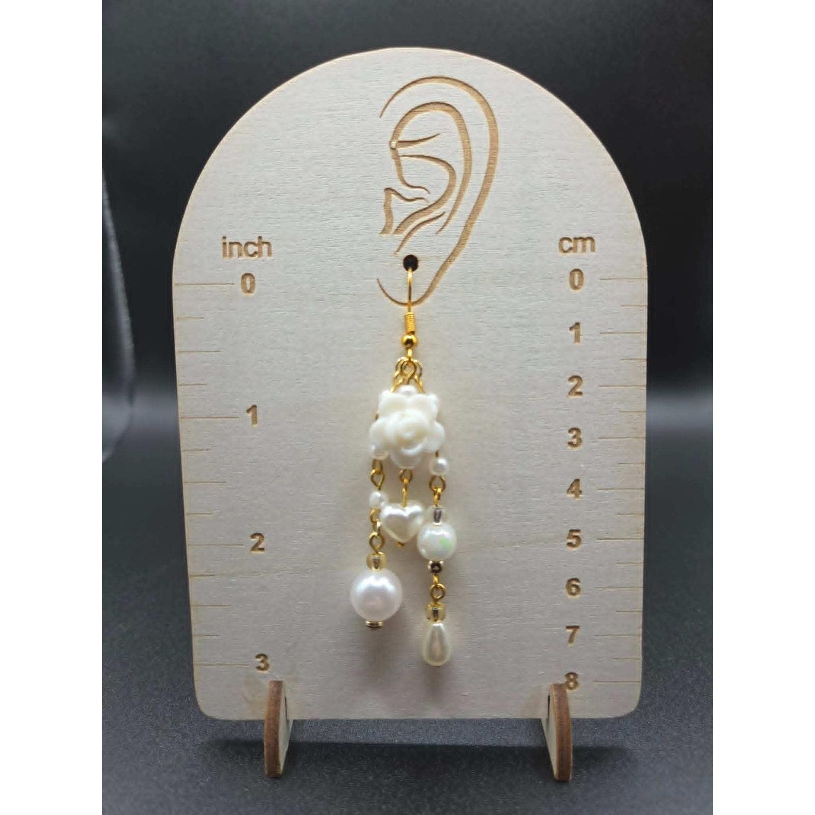 Handmade Earrings White Rose Heart Faux Pearl Gold Tone Dangle Drop - Thumbnail 3