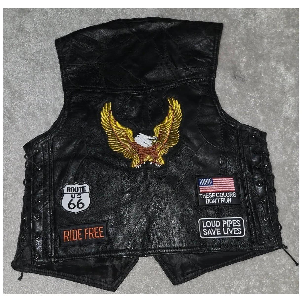 Diamond Plate Leather Vest Mens Medium Black Biker Patchwork #Motorcycle - Thumbnail 5
