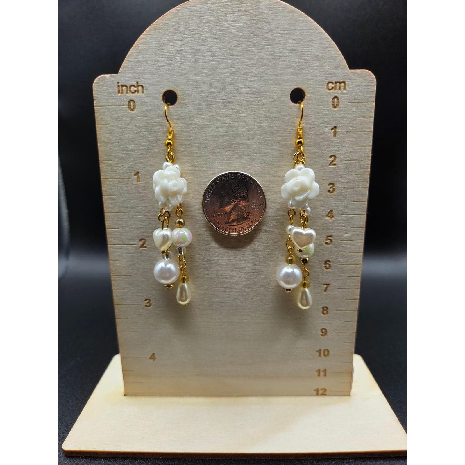 Handmade Earrings White Rose Heart Faux Pearl Gold Tone Dangle Drop - Thumbnail 5