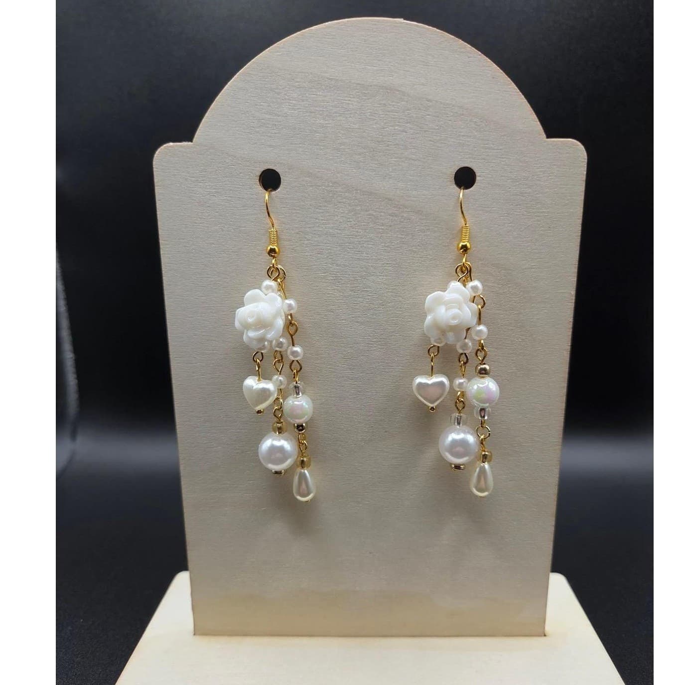 Handmade Earrings White Rose Heart Faux Pearl Gold Tone Dangle Drop - Thumbnail 2