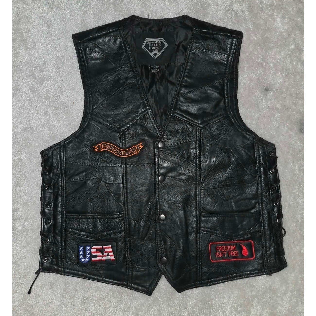 Diamond Plate Leather Vest Mens Medium Black Biker Patchwork #Motorcycle - Thumbnail 2