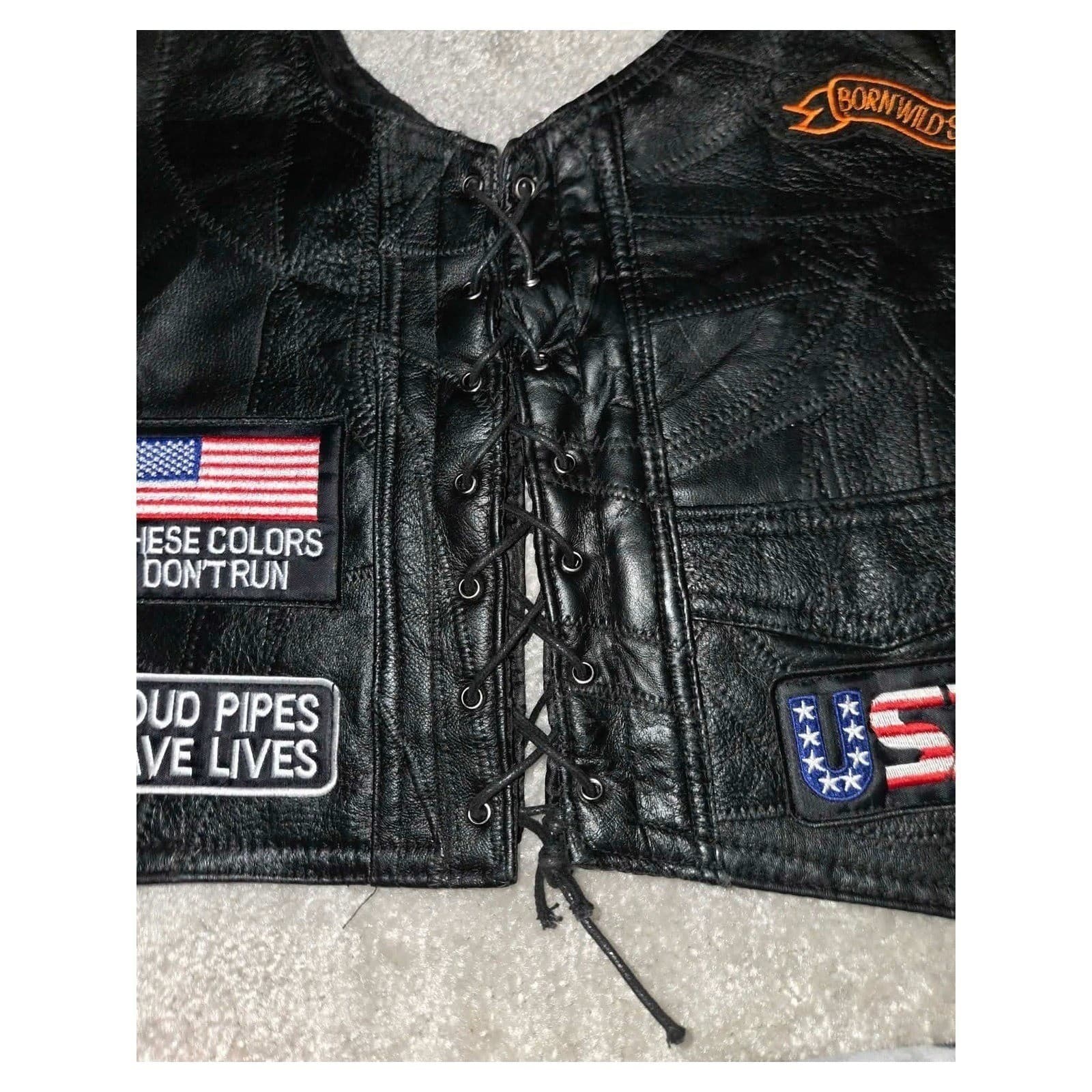 Diamond Plate Leather Vest Mens Medium Black Biker Patchwork #Motorcycle - Thumbnail 8