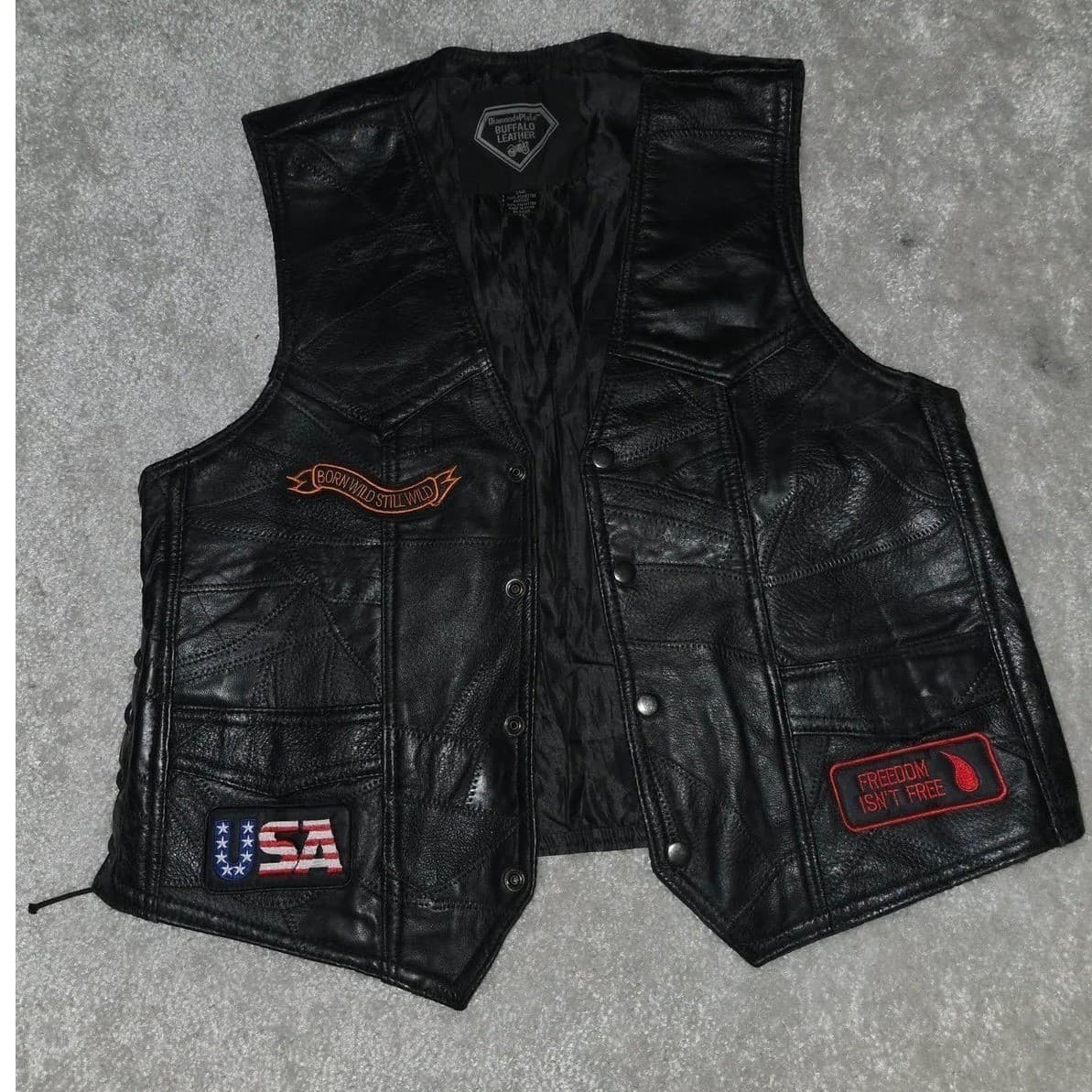 Diamond Plate Leather Vest Mens Medium Black Biker Patchwork #Motorcycle - Thumbnail 3
