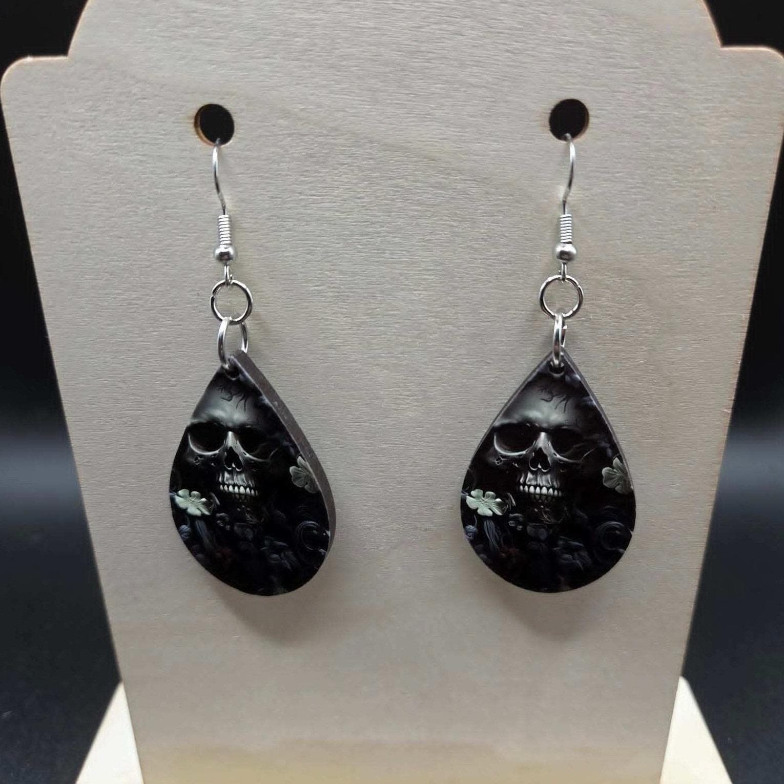 Handmade Earrings Goth Skull Teardrop Abstract Art Dangle Earrings - Thumbnail 2