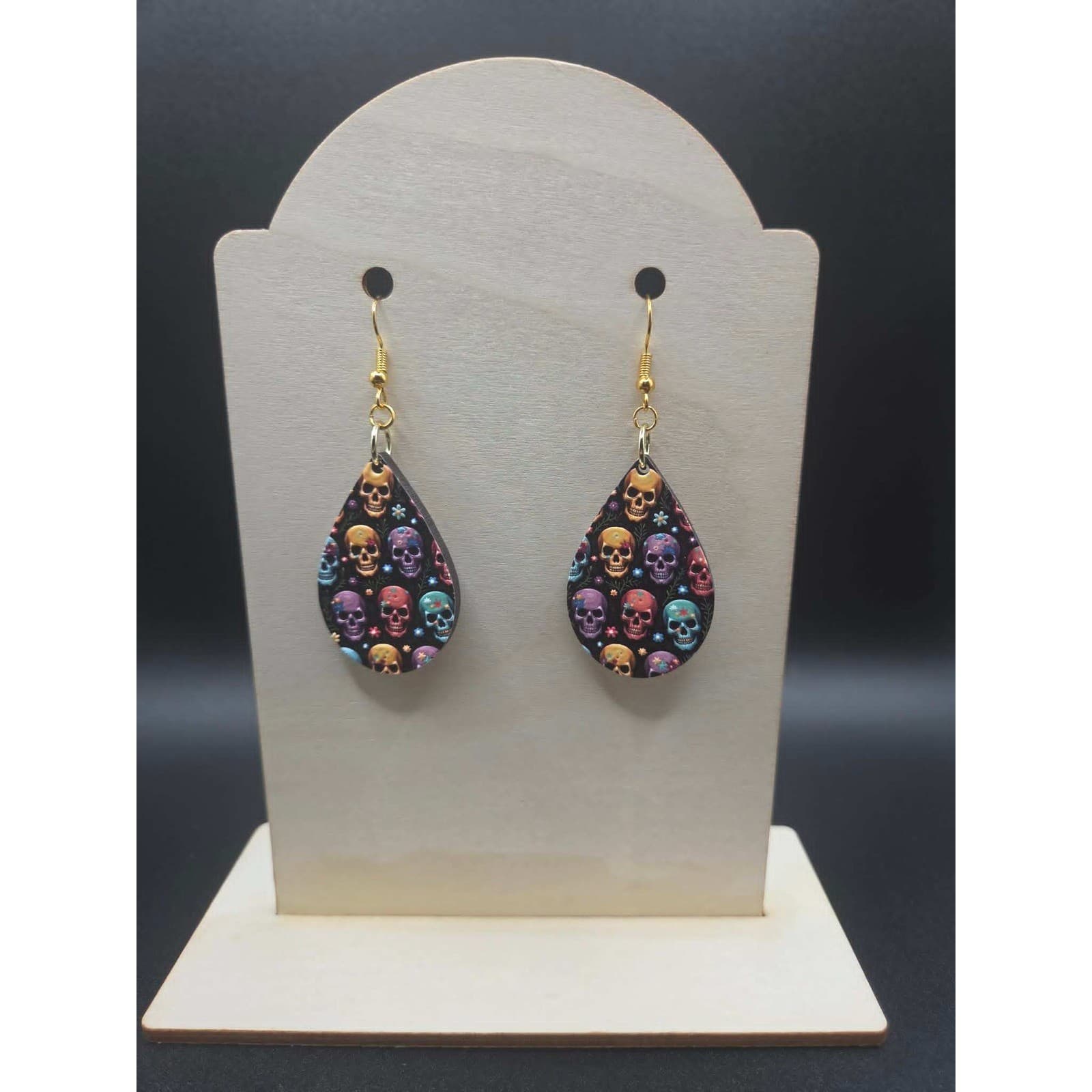Handmade Earrings Sugar Skull Colorful Gold Tone Teardrop Drop Dangle - Thumbnail 3