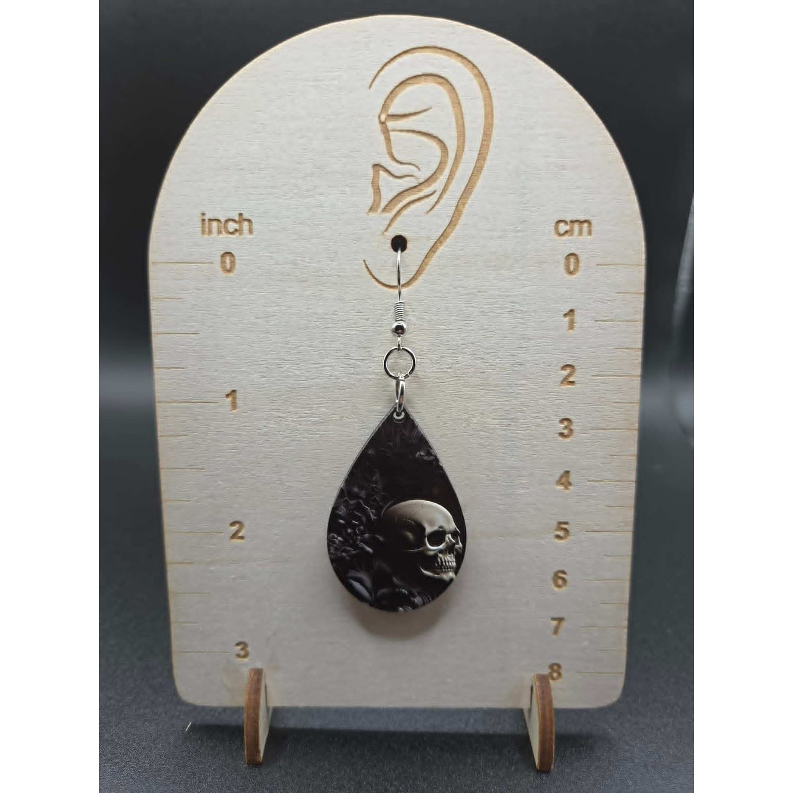 Handmade Earrings Black Goth Skull Teardrop Silver Tone Dangle Drop - Thumbnail 3