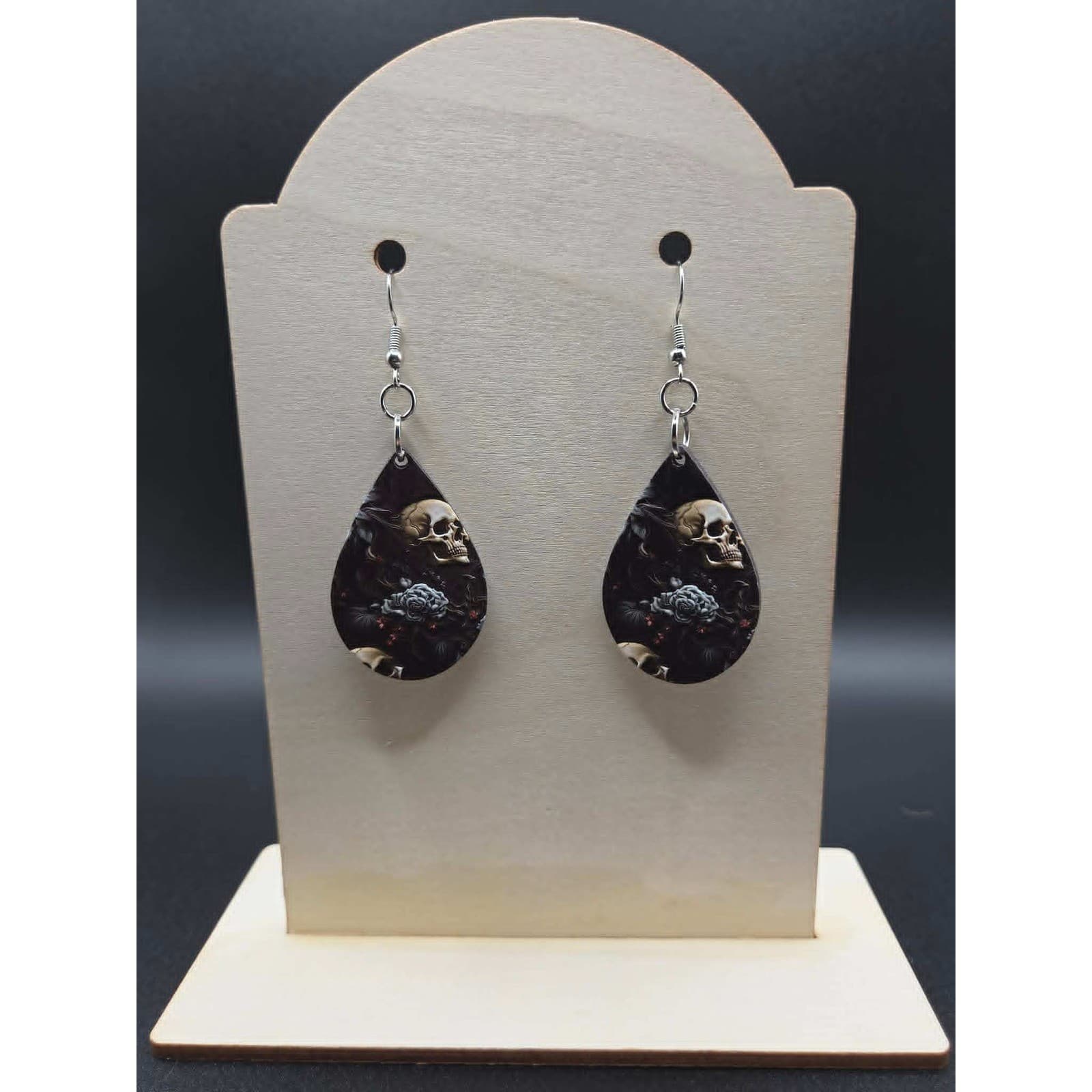 Handmade Earrings Goth Textured Teardrop Silver Tone Skull Rose #Jewelry - Thumbnail 5