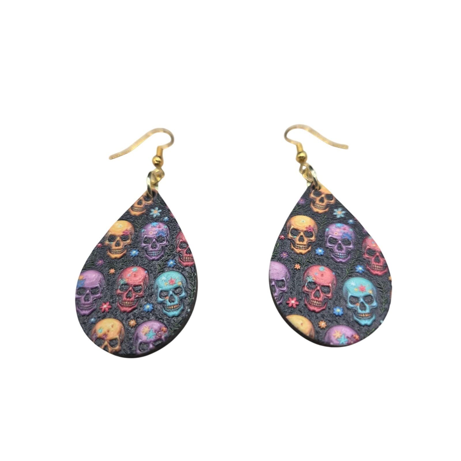 Handmade Earrings Sugar Skull Colorful Gold Tone Teardrop Drop Dangle - Thumbnail 5
