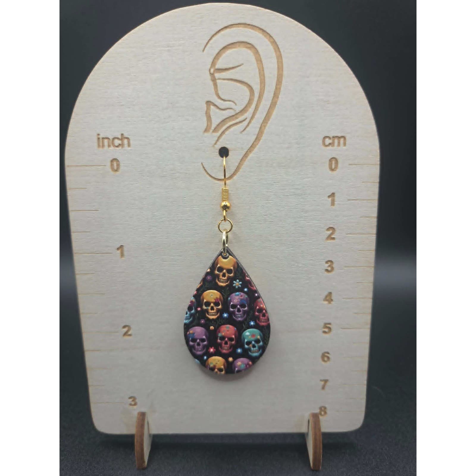 Handmade Earrings Sugar Skull Colorful Gold Tone Teardrop Drop Dangle - Thumbnail 2