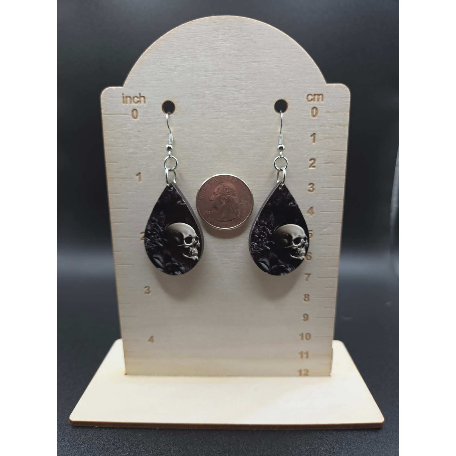Handmade Earrings Black Goth Skull Teardrop Silver Tone Dangle Drop - Thumbnail 5