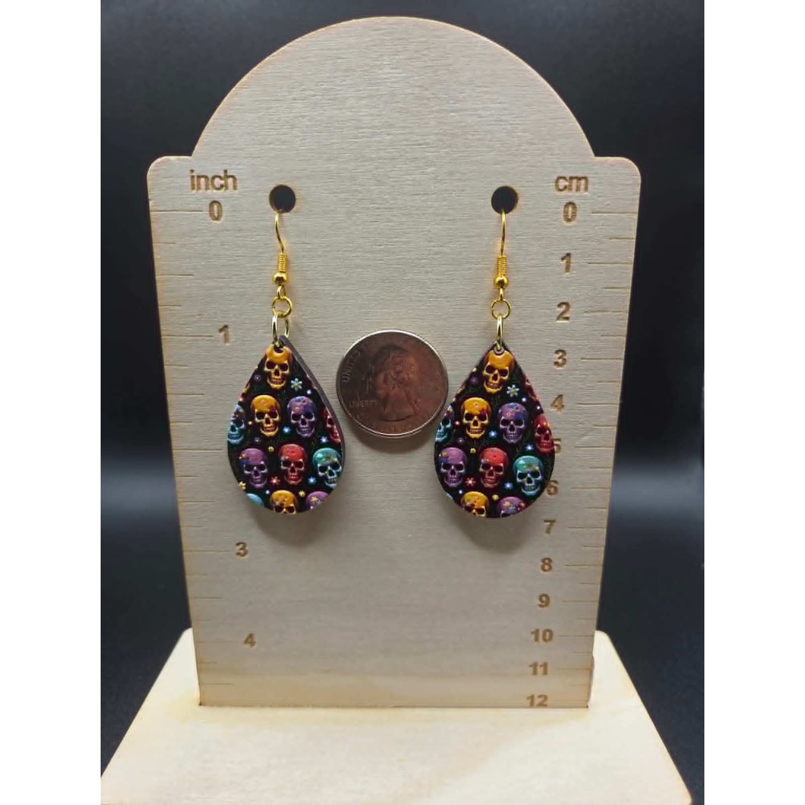 Handmade Earrings Sugar Skull Colorful Gold Tone Teardrop Drop Dangle - Thumbnail 4