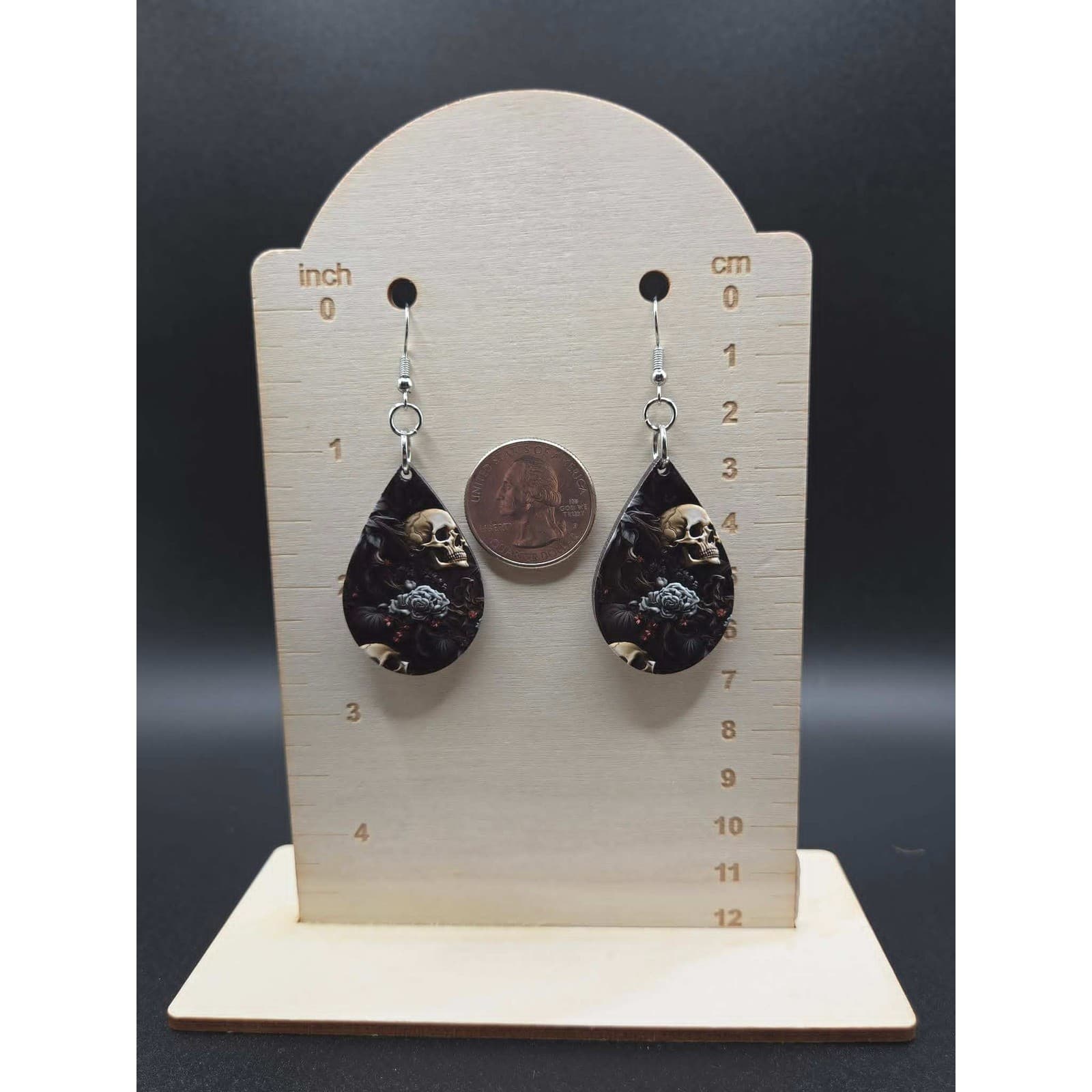 Handmade Earrings Goth Textured Teardrop Silver Tone Skull Rose #Jewelry - Thumbnail 3