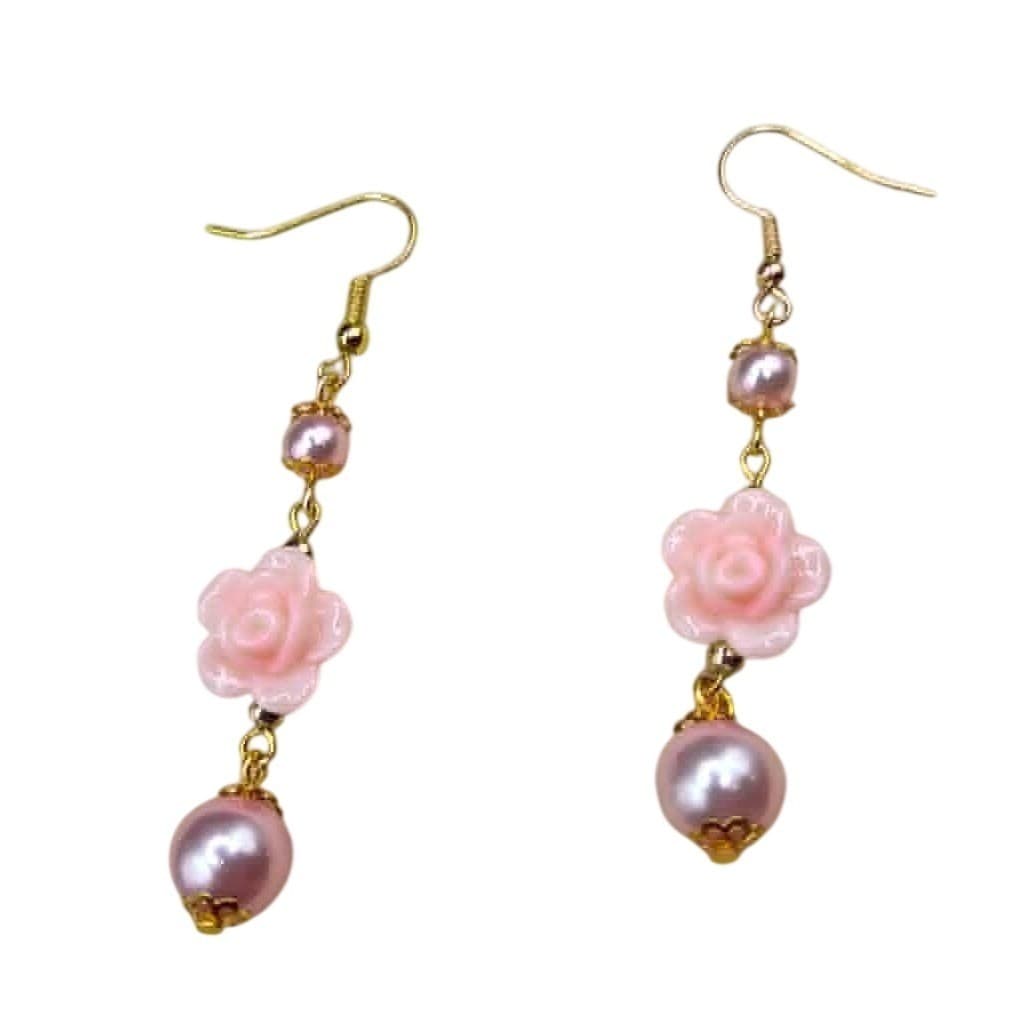 Handmade Drop Dangle Earrings Pink Floral Rose Pearl Jewelry - Thumbnail 4