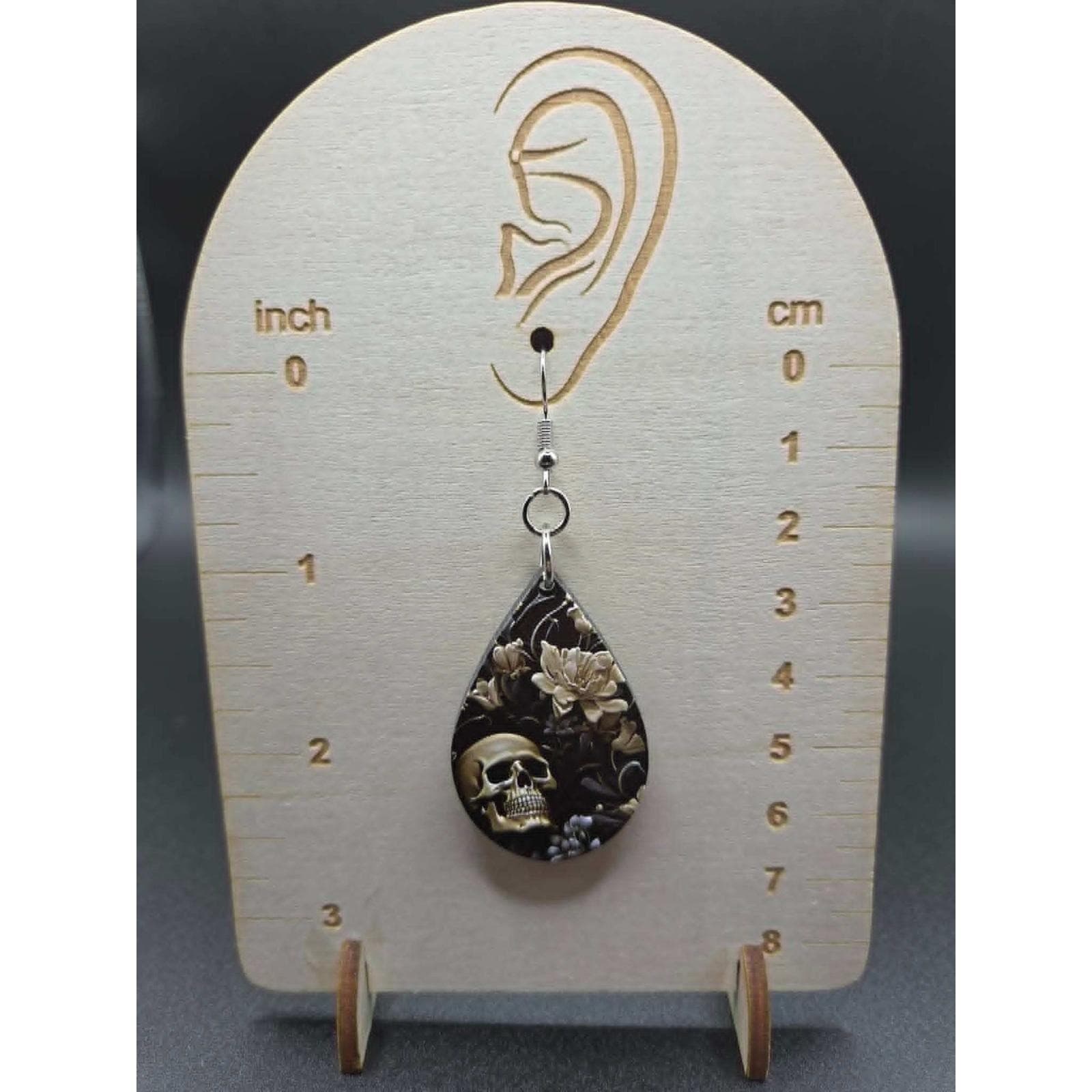 Handmade Sugar Skull Earrings Floral Textured Teardrop Dangle Jewelry - Thumbnail 2