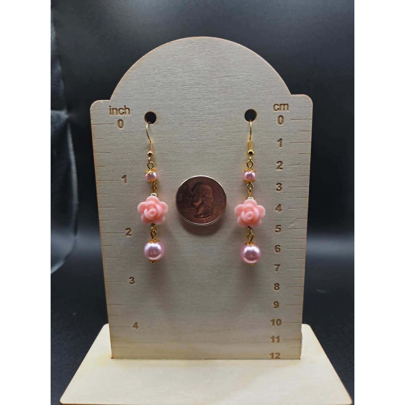 Handmade Drop Dangle Earrings Pink Floral Rose Pearl Jewelry - Thumbnail 5