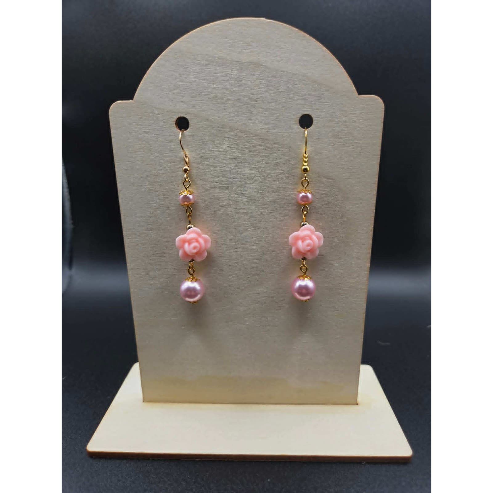 Handmade Drop Dangle Earrings Pink Floral Rose Pearl Jewelry - Thumbnail 3