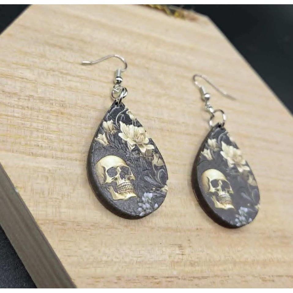 Handmade Sugar Skull Earrings Floral Textured Teardrop Dangle Jewelry - Thumbnail 4