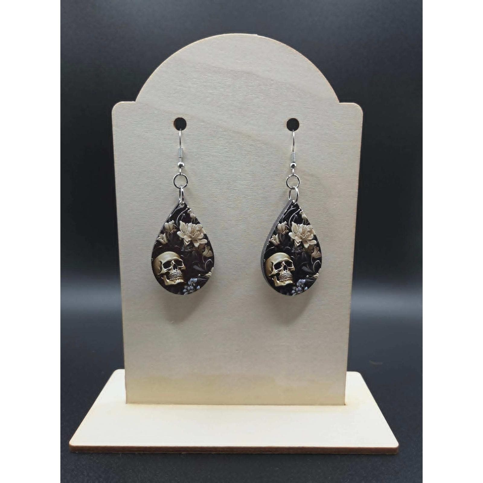 Handmade Sugar Skull Earrings Floral Textured Teardrop Dangle Jewelry - Thumbnail 3