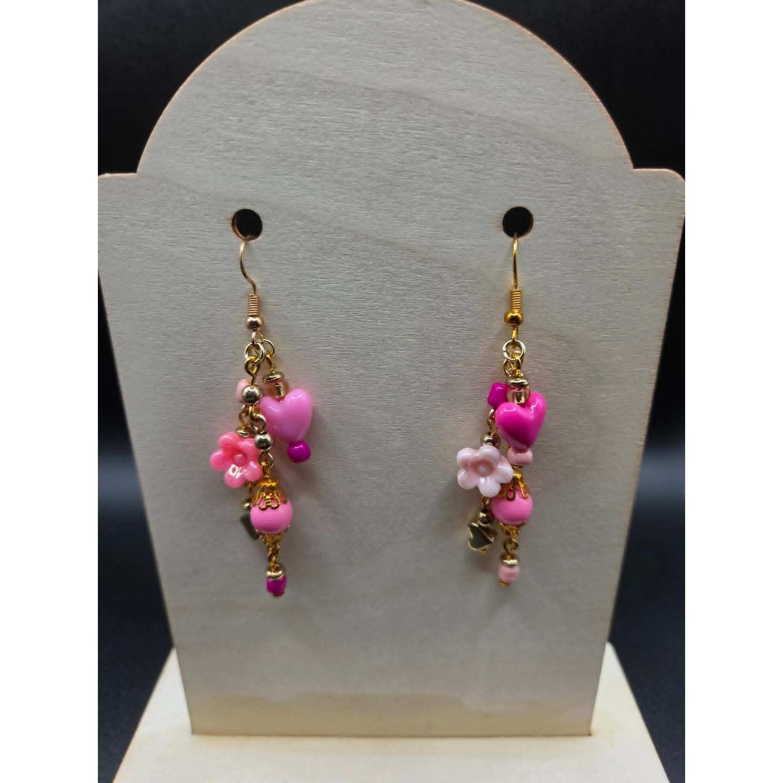 Handmade Earrings Kidcore Princesscore Pink Heart Flower Mismatched Drop Dangle - Thumbnail 2