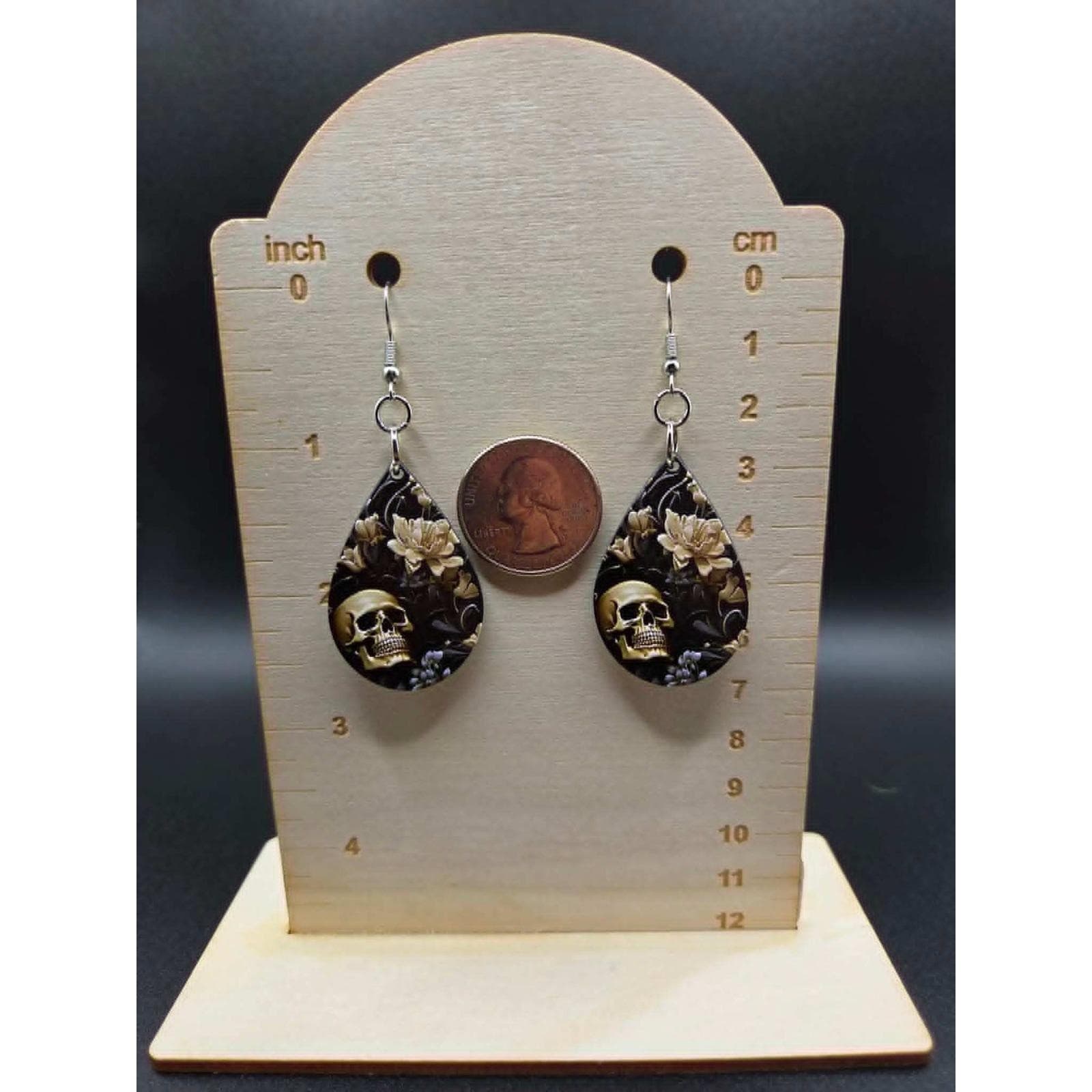 Handmade Sugar Skull Earrings Floral Textured Teardrop Dangle Jewelry - Thumbnail 5