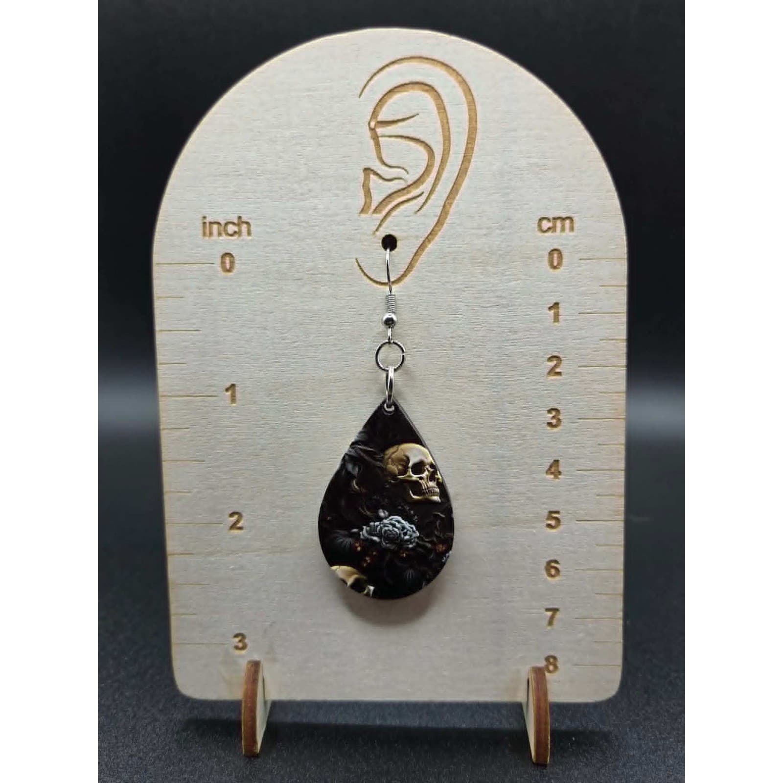Handmade Earrings Goth Textured Teardrop Silver Tone Skull Rose #Jewelry - Thumbnail 2