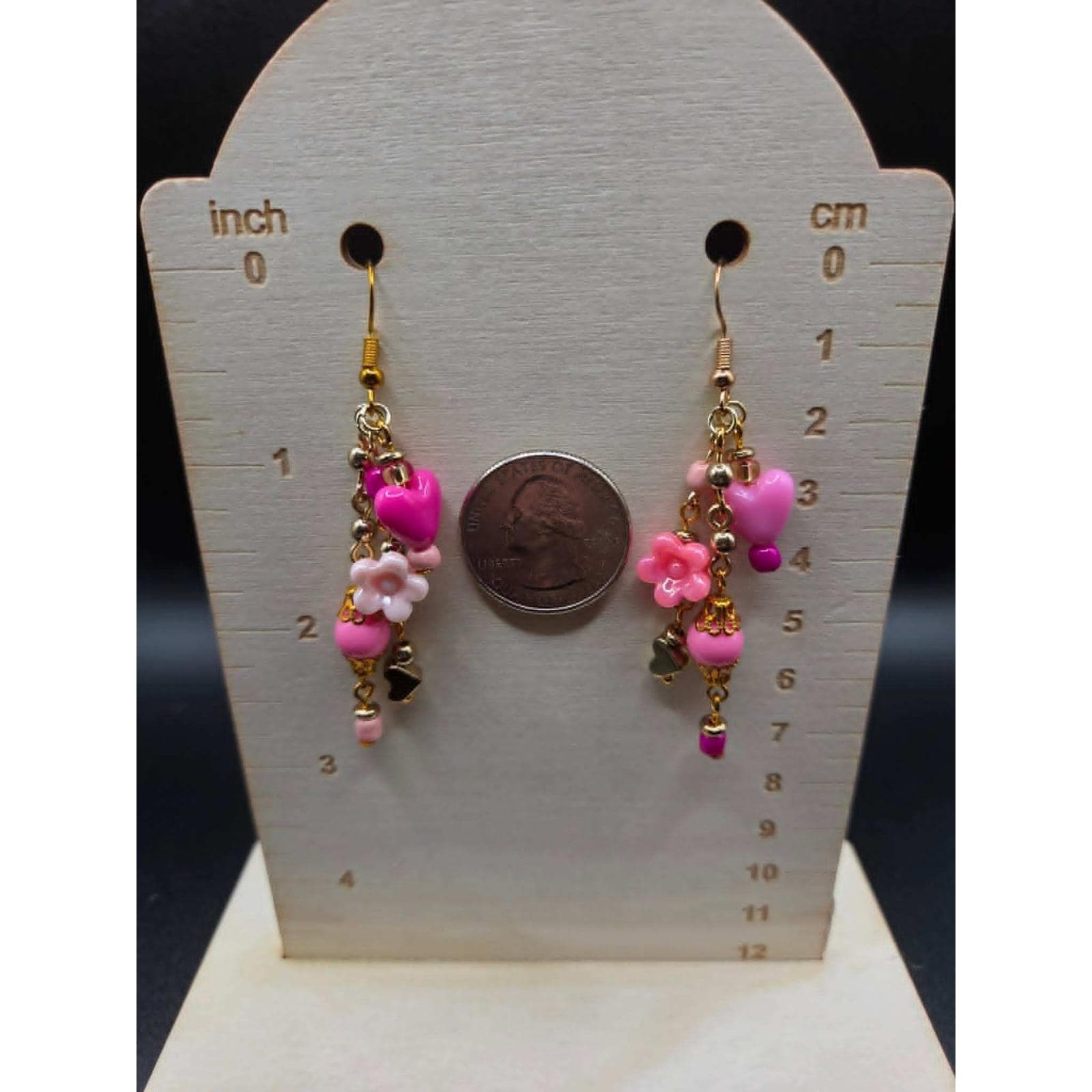 Handmade Earrings Kidcore Princesscore Pink Heart Flower Mismatched Drop Dangle - Thumbnail 5