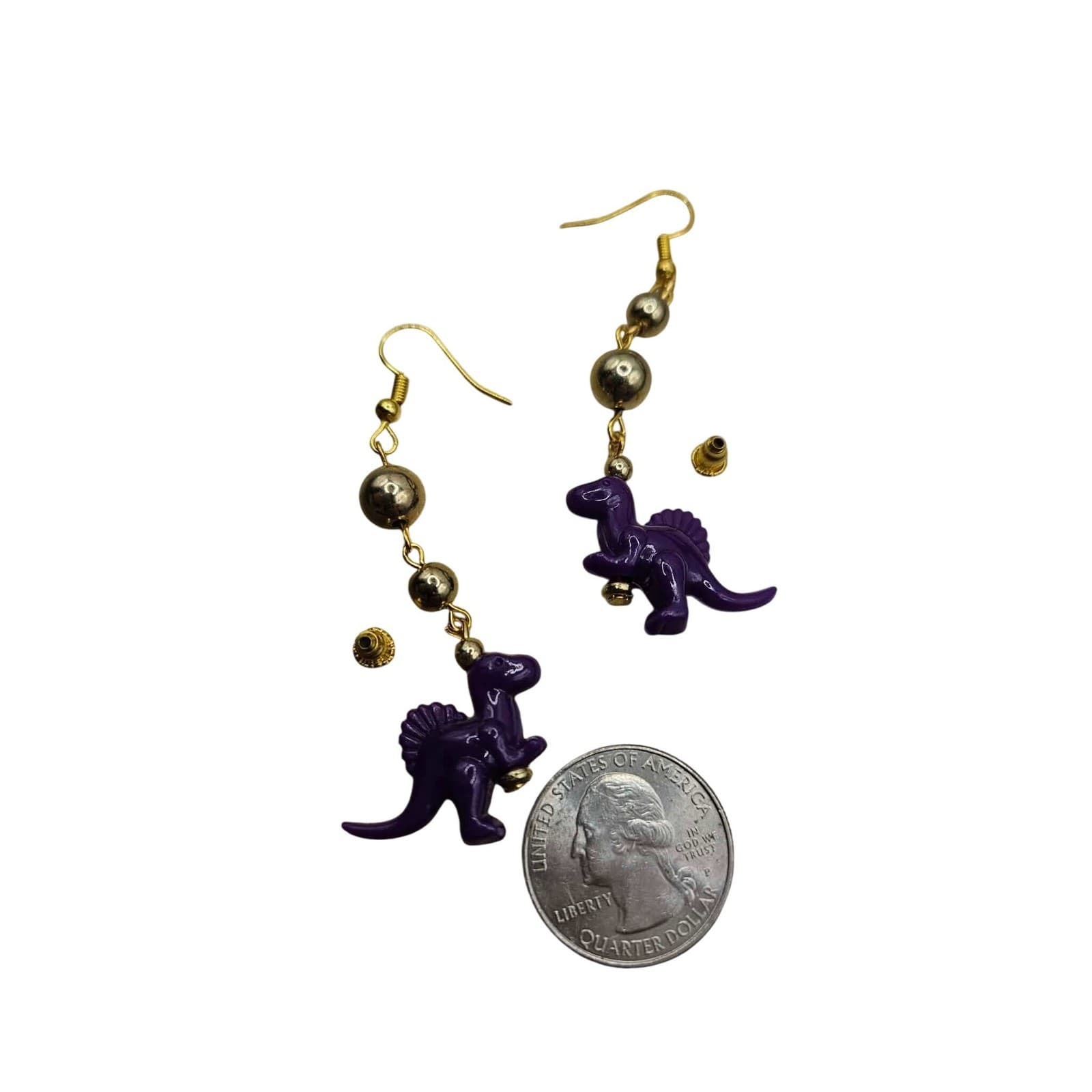 Purple Dinosaur Dangle Earrings Gold Tone Beads Fun Whimsical Jewelry - Thumbnail 3