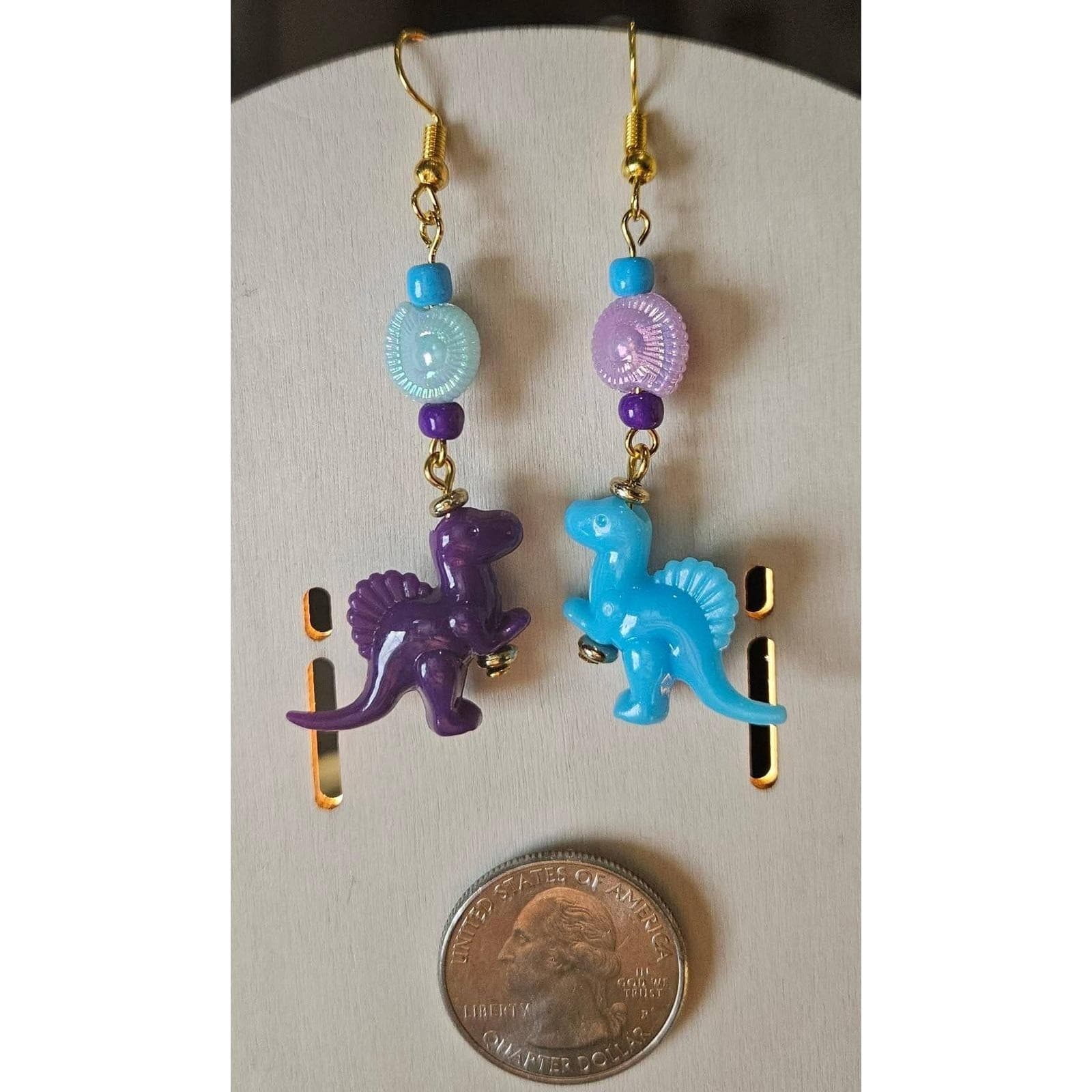 Dinosaur Earrings Purple Blue Beaded Dangle Handmade Mismatched Handmade - Thumbnail 2