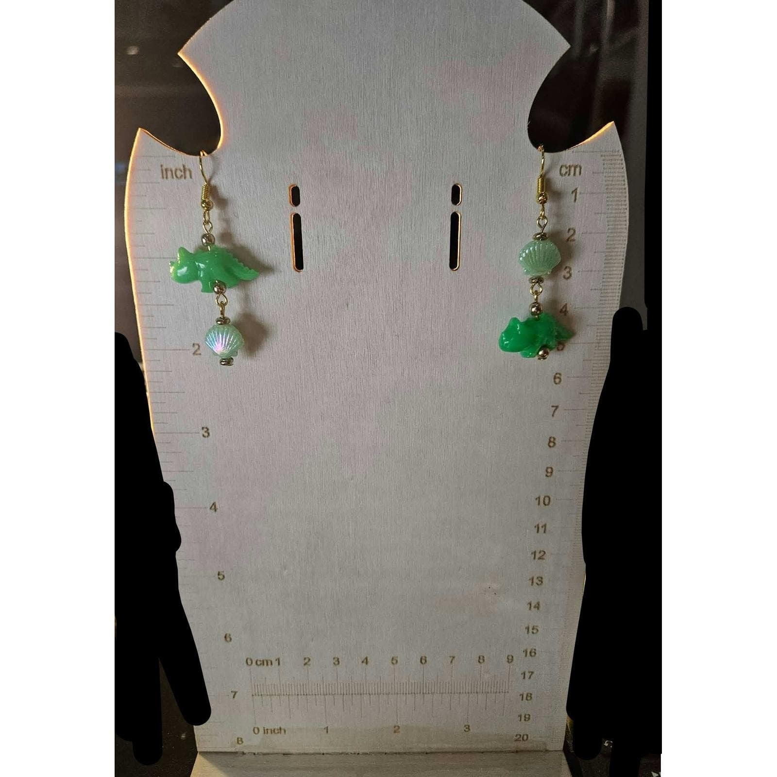 Handmade Dinosaur Shell Dangle Earrings Green Iridescent Cute Fun Mismatch - Thumbnail 3