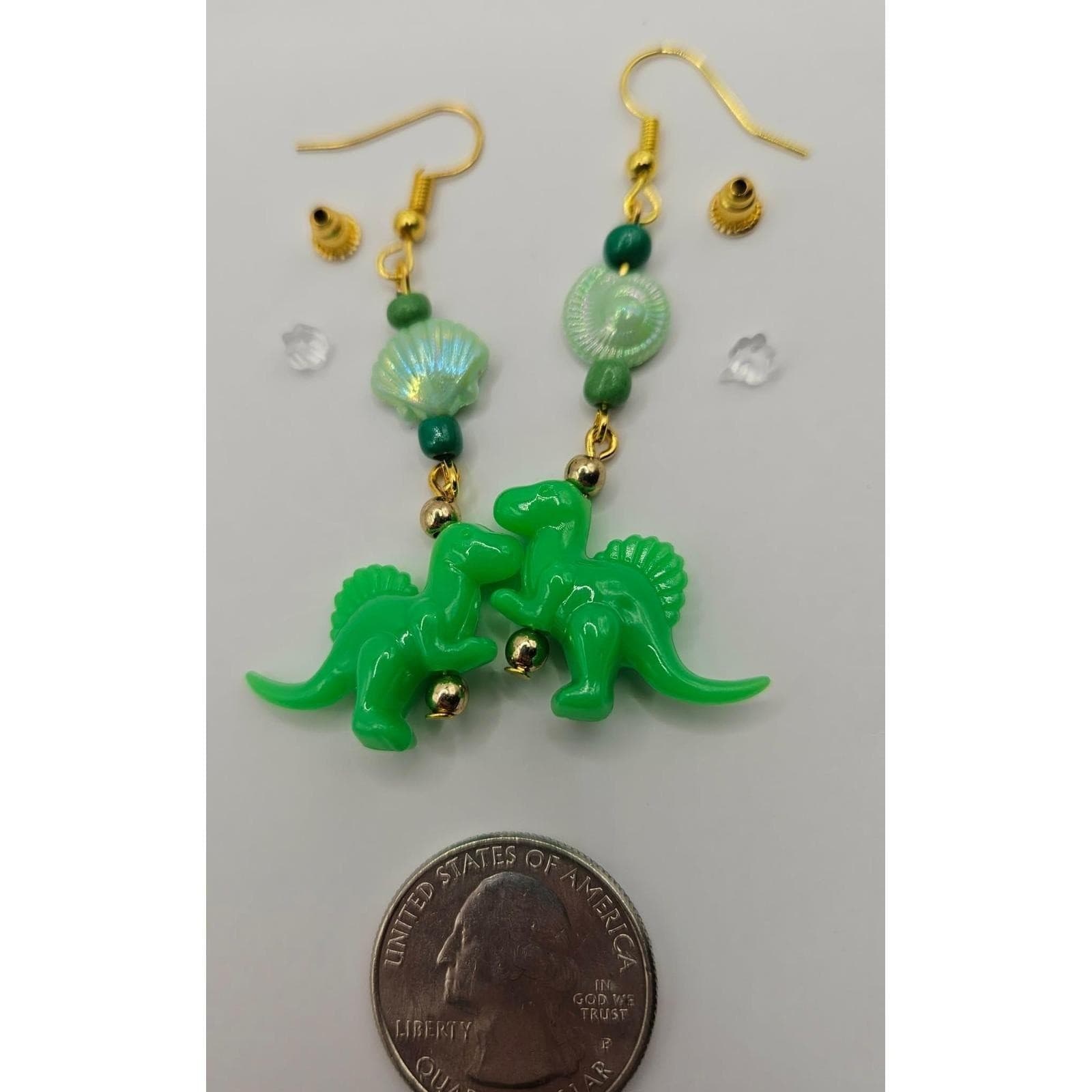 Handmade Green Dinosaur Earrings Dangle Beaded Shell Gold Tone Hooks Women - Thumbnail 2