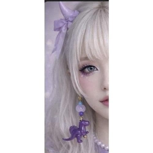 Dinosaur Earrings Purple Blue Beaded Dangle Handmade Mismatched Handmade - Thumbnail 4