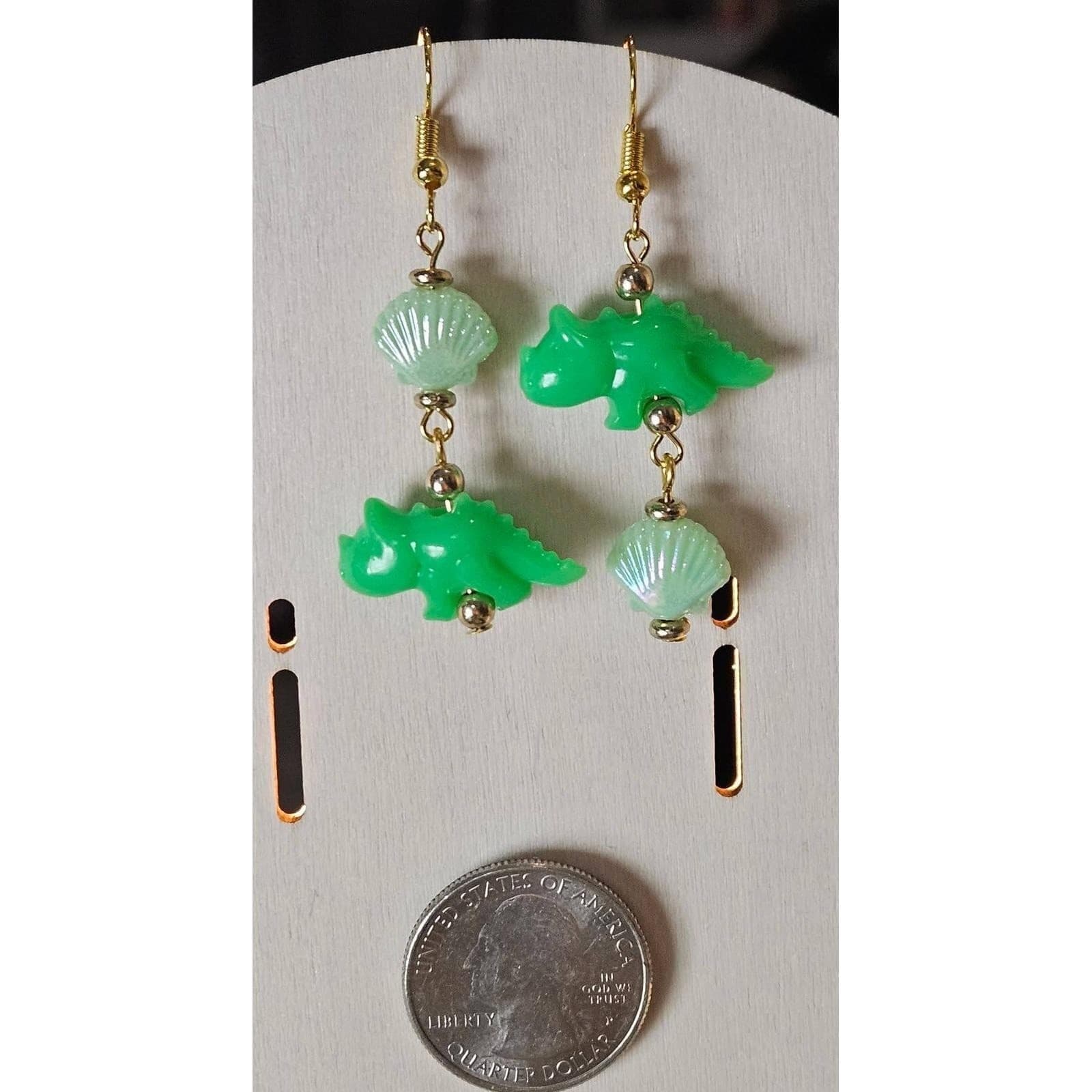 Handmade Dinosaur Shell Dangle Earrings Green Iridescent Cute Fun Mismatch - Thumbnail 2