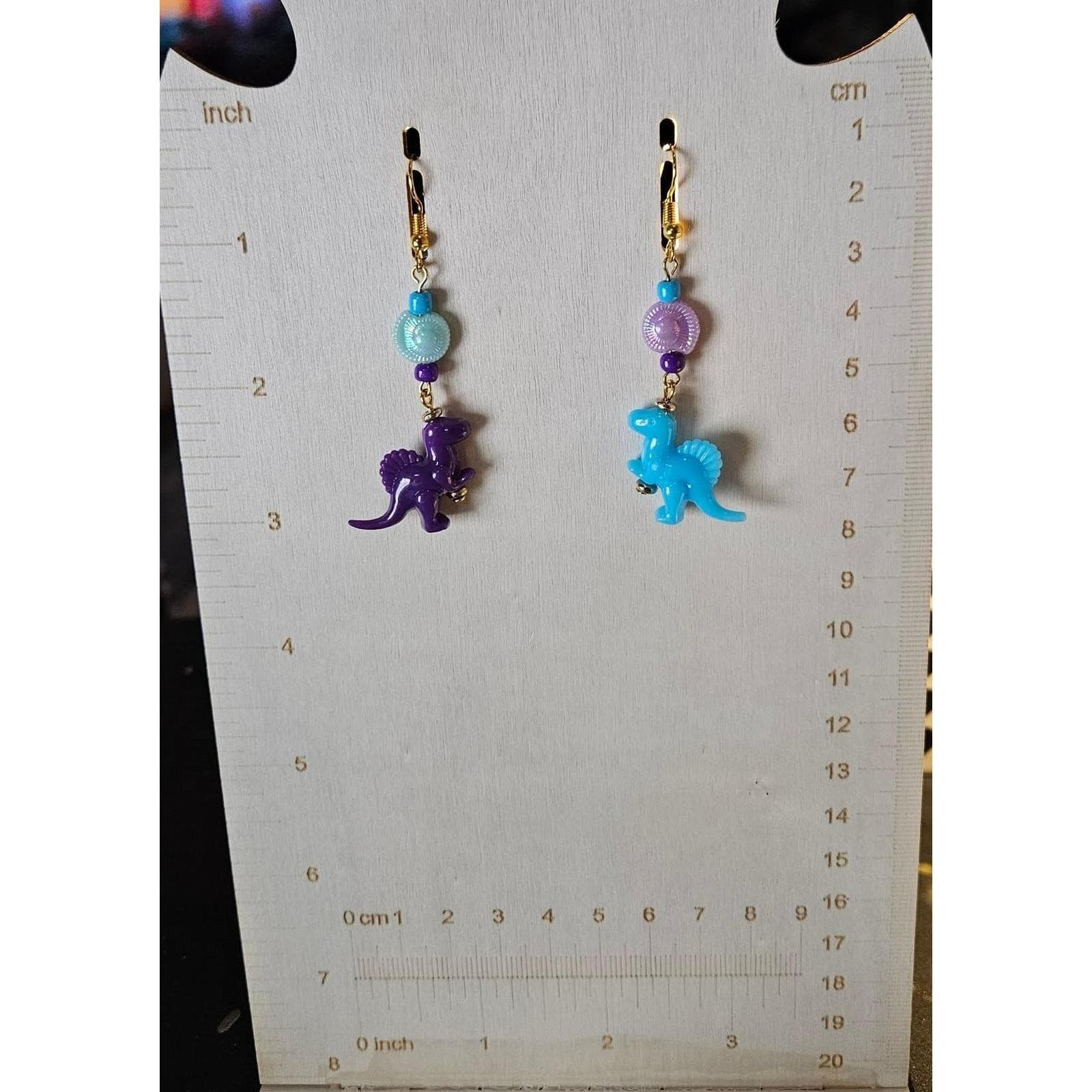 Dinosaur Earrings Purple Blue Beaded Dangle Handmade Mismatched Handmade - Thumbnail 3