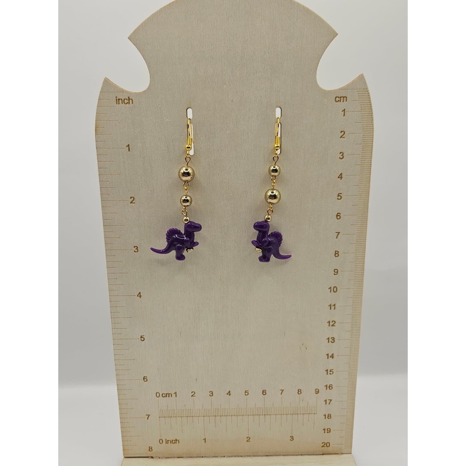 Purple Dinosaur Dangle Earrings Gold Tone Beads Fun Whimsical Jewelry - Thumbnail 2