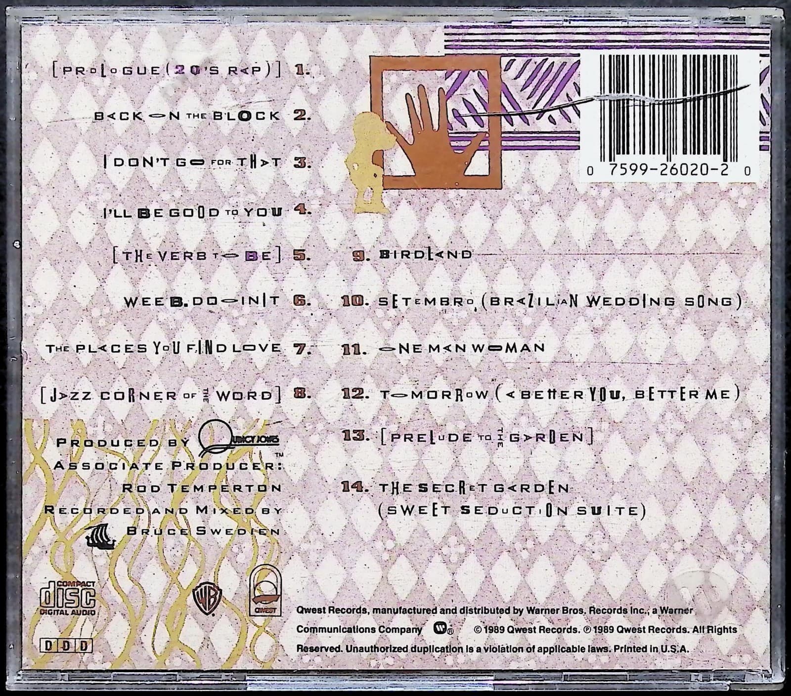 Quincy Jones CD Back On The Block Album Jazz R&B Soul Qwest Warner Bros 1989 - Thumbnail 2