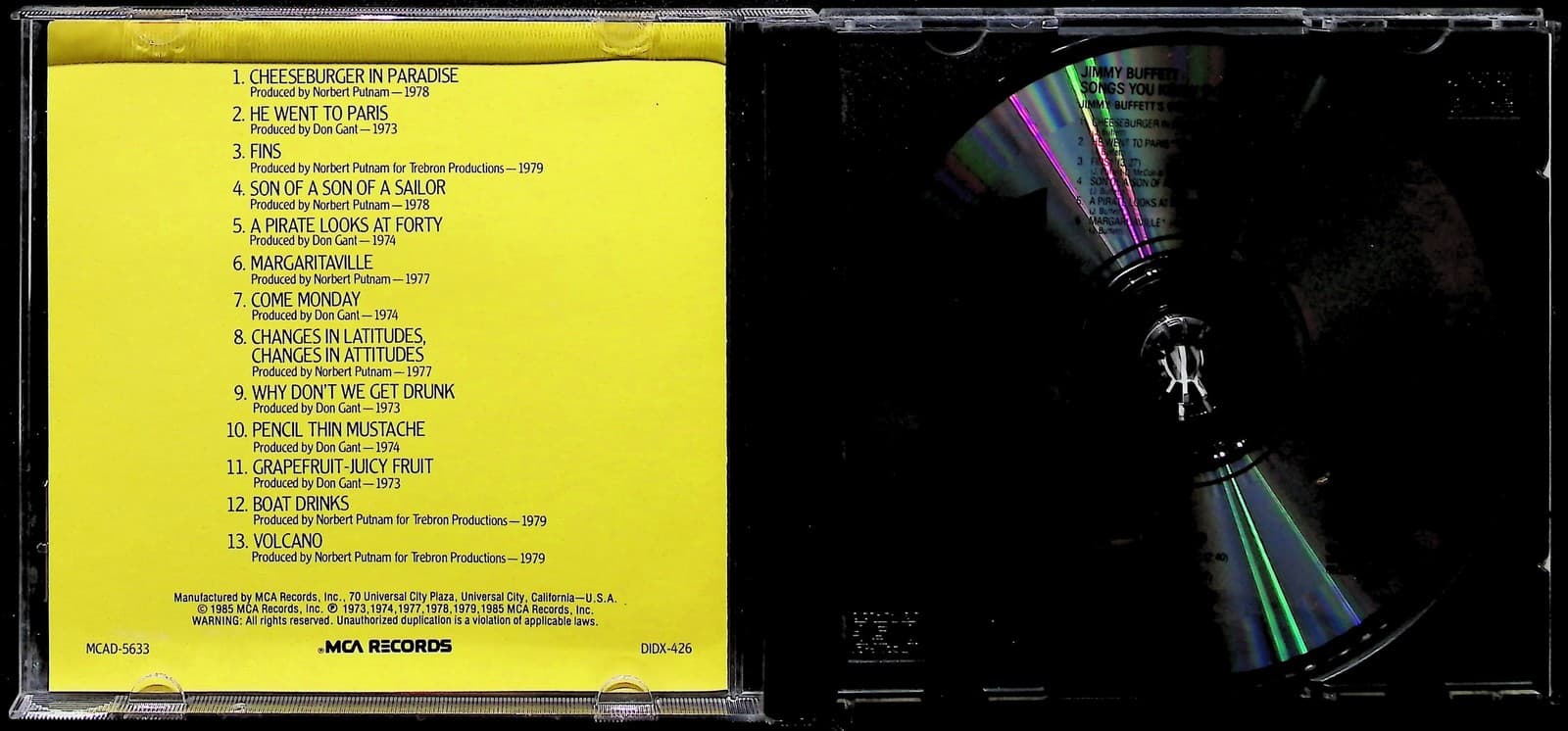Vintage Jimmy Buffett CD Songs You Know By Heart Best Of Rock MCA 1985 Yellow - Thumbnail 3