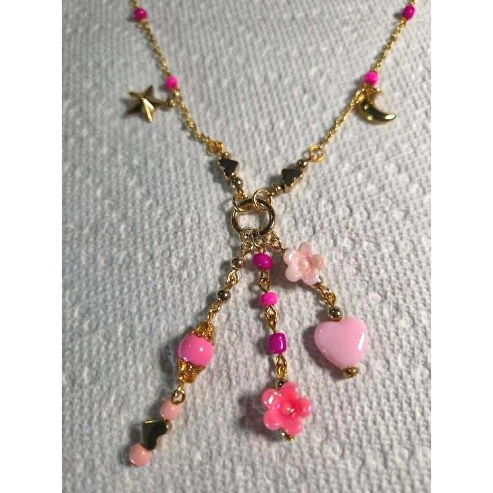 Handmade Necklace Gold Toned Stainless Steel Pink Floral Heart Y-Shape 21" - Thumbnail 3