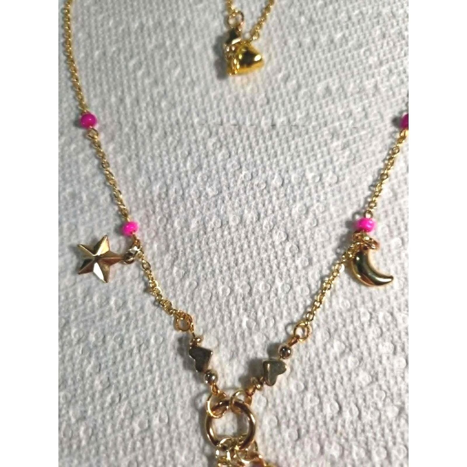 Handmade Necklace Gold Toned Stainless Steel Pink Floral Heart Y-Shape 21" - Thumbnail 9