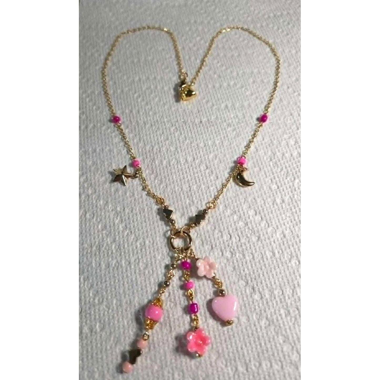 Handmade Necklace Gold Toned Stainless Steel Pink Floral Heart Y-Shape 21" - Thumbnail 6
