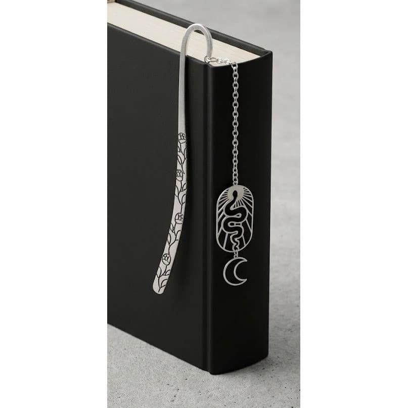 Handmade Bookmark Silver Snake Moon Rose Engraved Celestial Gothic Accessory - Thumbnail 6