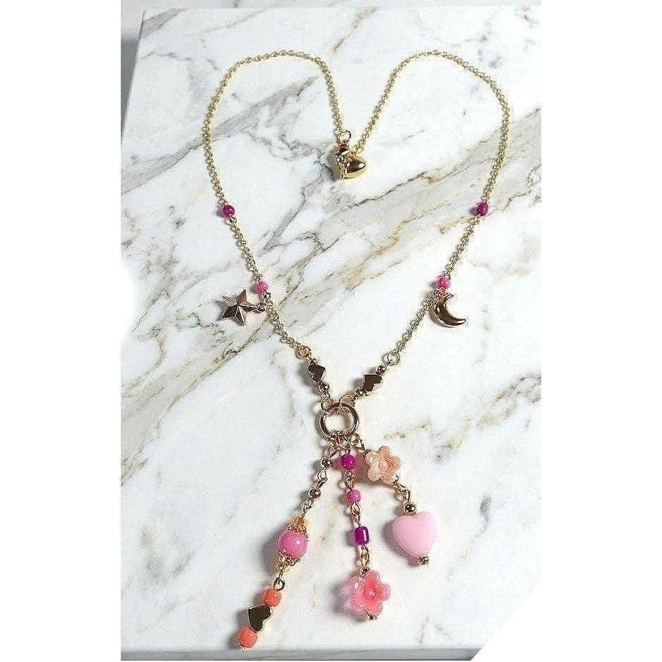 Handmade Necklace Gold Toned Stainless Steel Pink Floral Heart Y-Shape 21" - Thumbnail 11