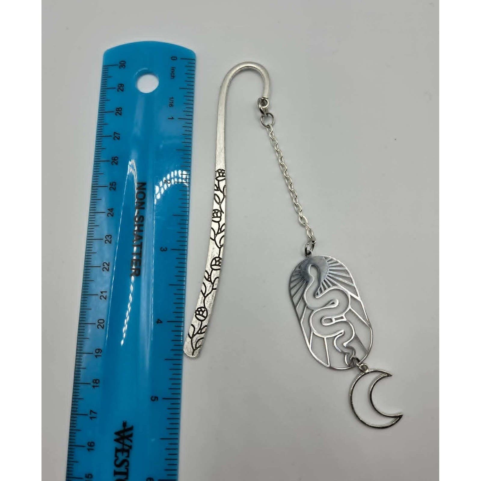 Handmade Bookmark Silver Snake Moon Rose Engraved Celestial Gothic Accessory - Thumbnail 3