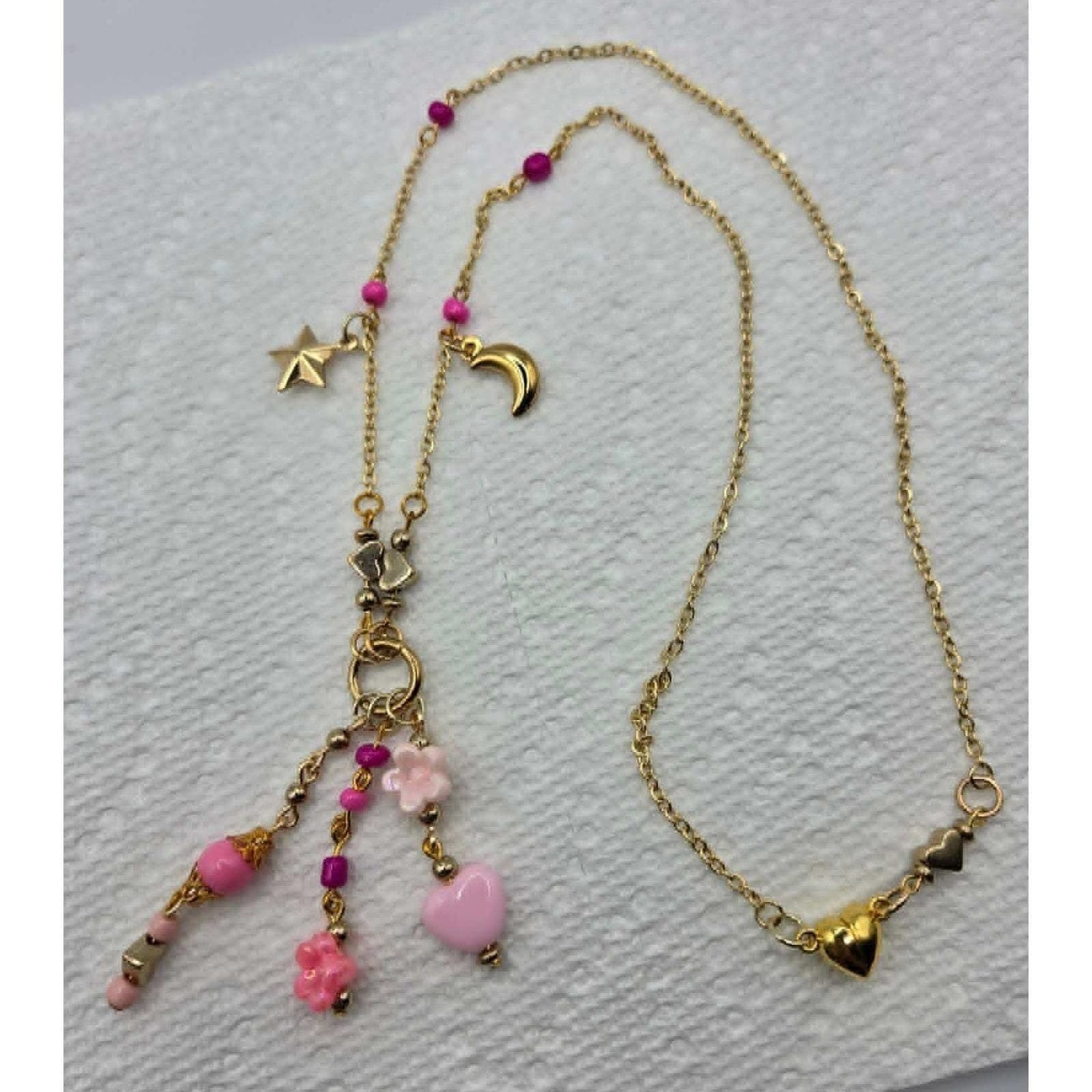 Handmade Necklace Gold Toned Stainless Steel Pink Floral Heart Y-Shape 21" - Thumbnail 8