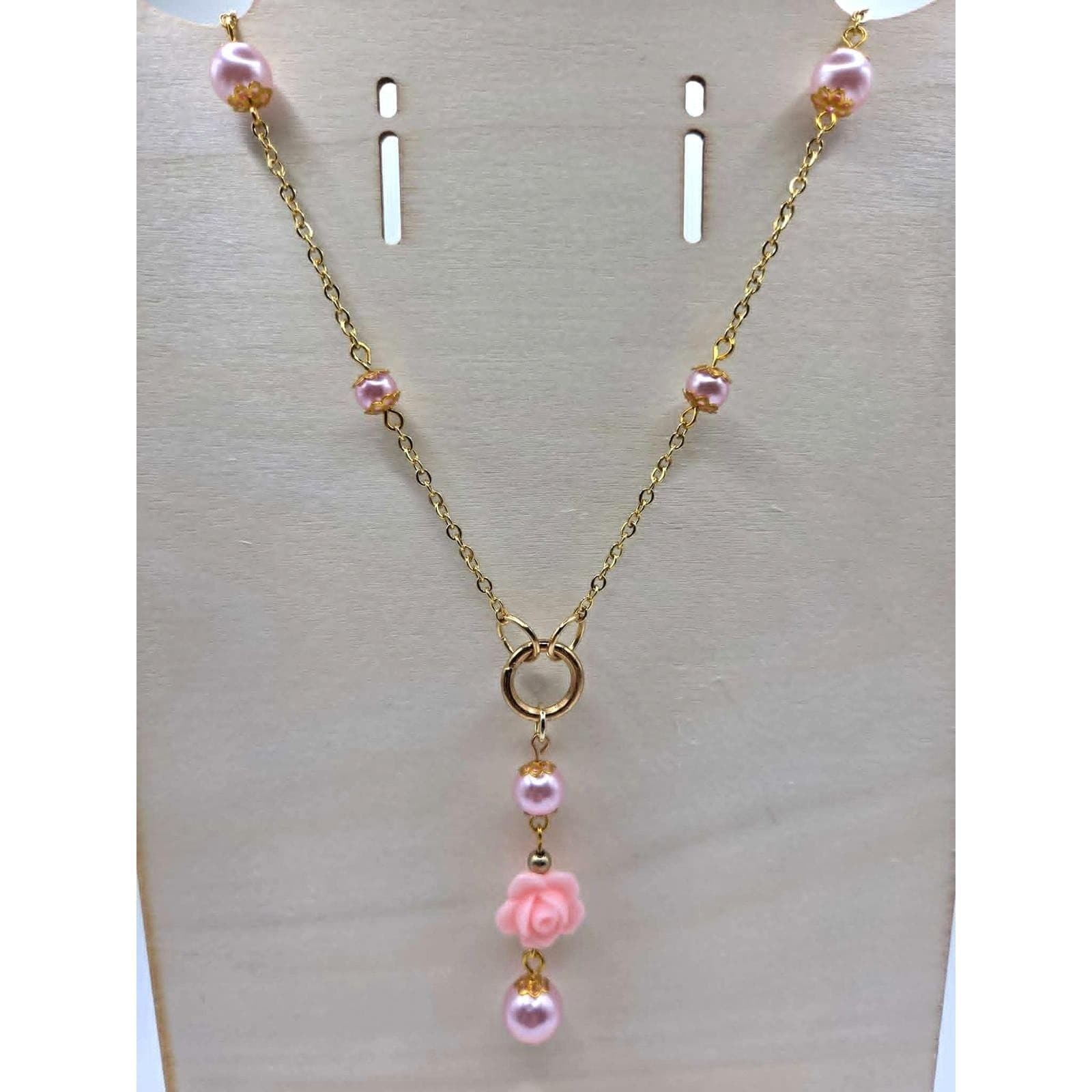 Handmade Y-Necklace Faux Pearl Pink Rose Magnetic Heart Closure Gold Tone - Thumbnail 9
