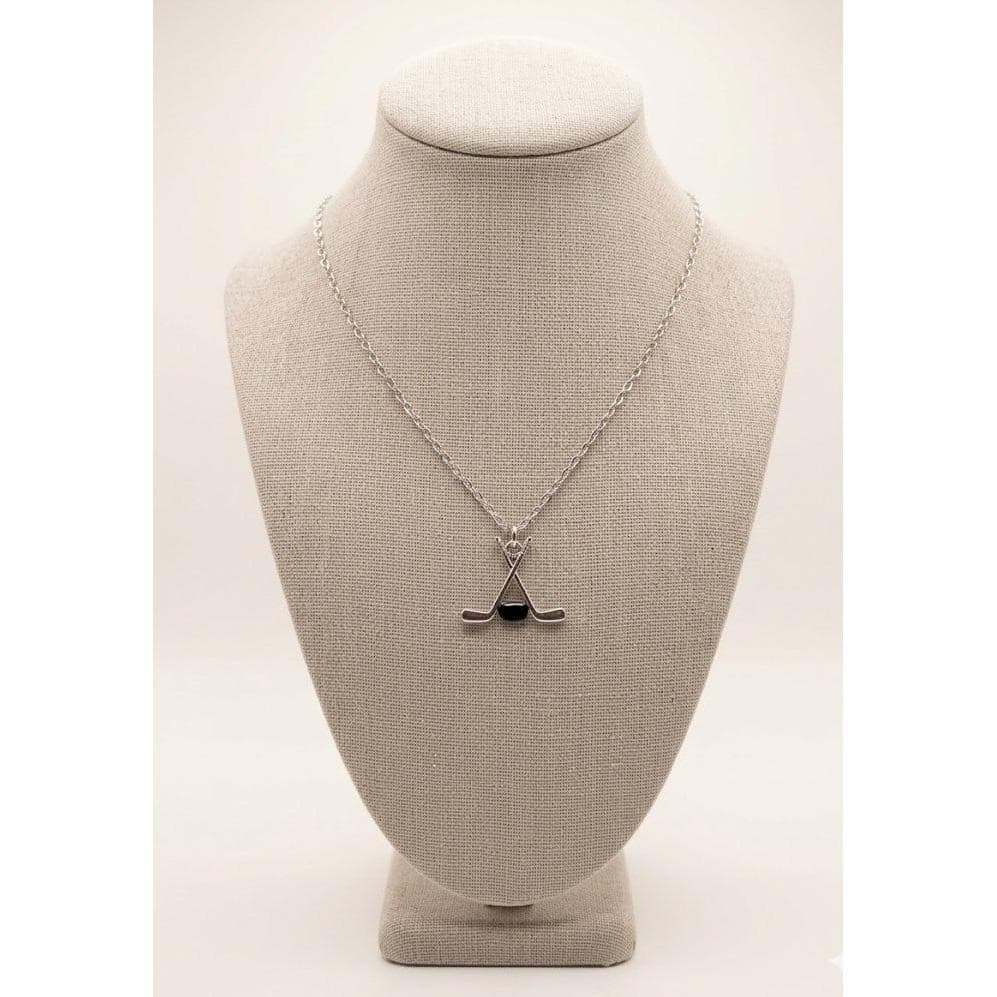 Handmade Necklace Stainless Steel Crossed Hockey Sticks Puck Pendant 24" - Thumbnail 2