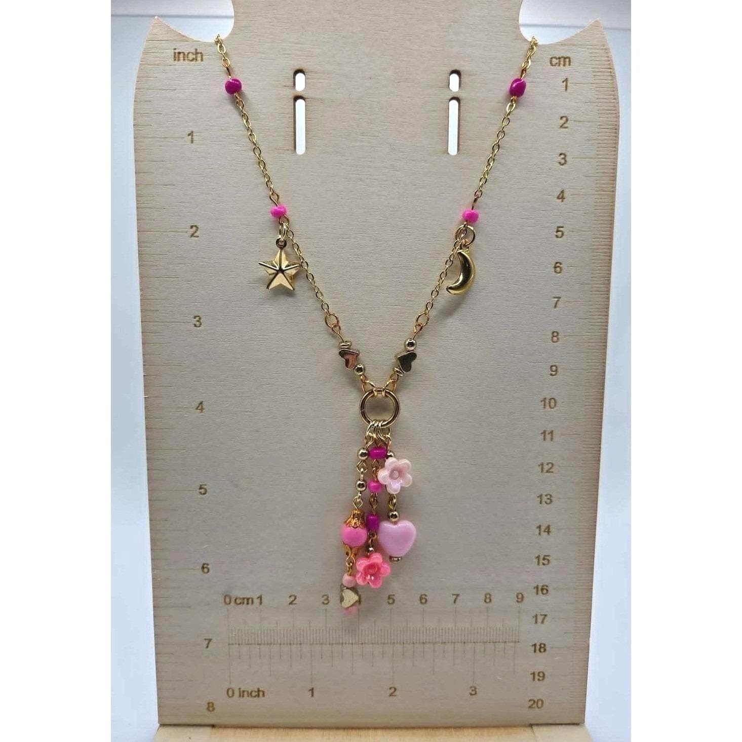 Handmade Necklace Gold Toned Stainless Steel Pink Floral Heart Y-Shape 21" - Thumbnail 4