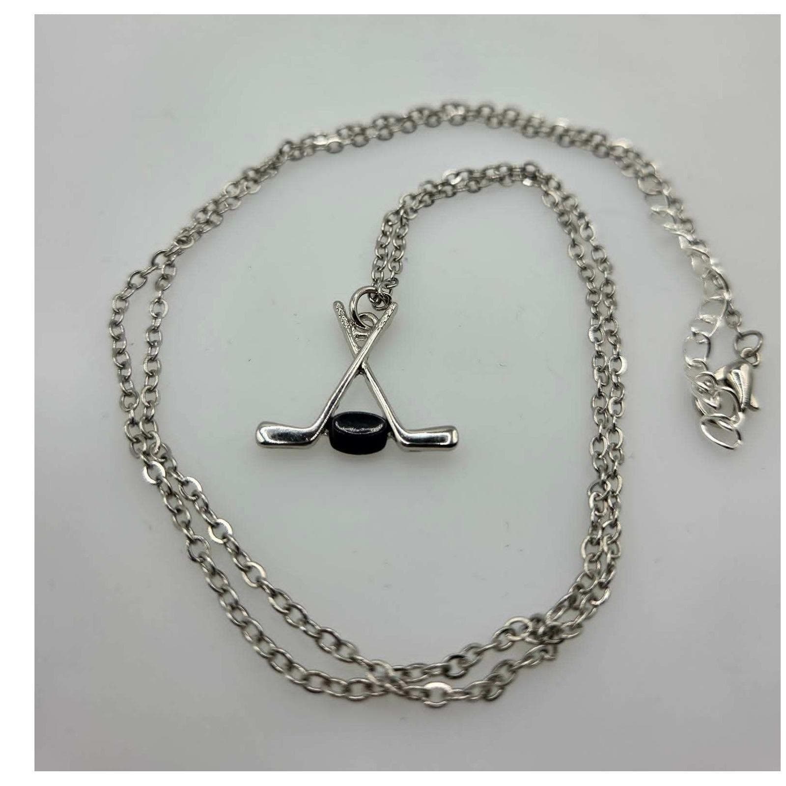 Handmade Necklace Stainless Steel Crossed Hockey Sticks Puck Pendant 24" - Thumbnail 7