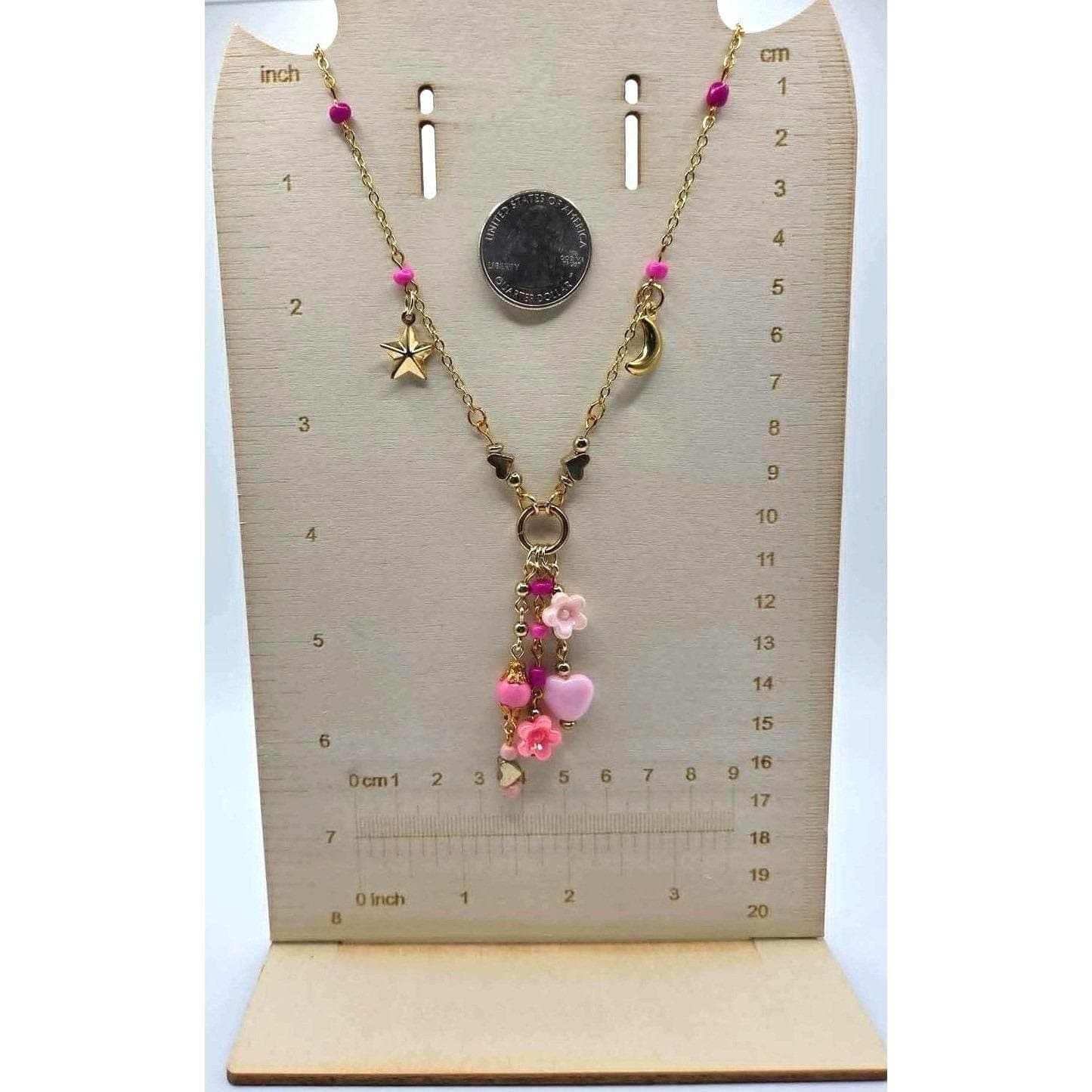 Handmade Necklace Gold Toned Stainless Steel Pink Floral Heart Y-Shape 21" - Thumbnail 5