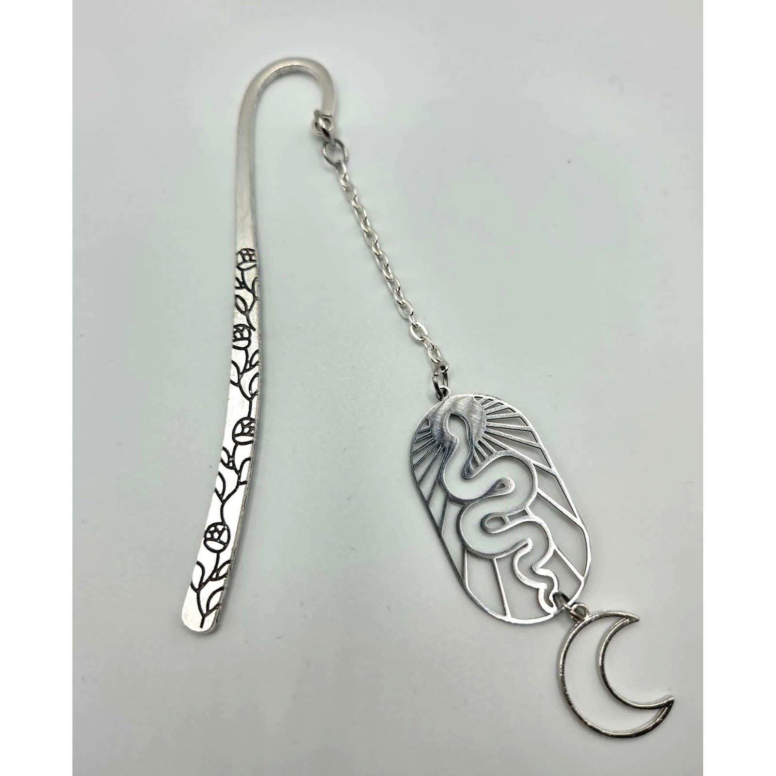 Handmade Bookmark Silver Snake Moon Rose Engraved Celestial Gothic Accessory - Thumbnail 2